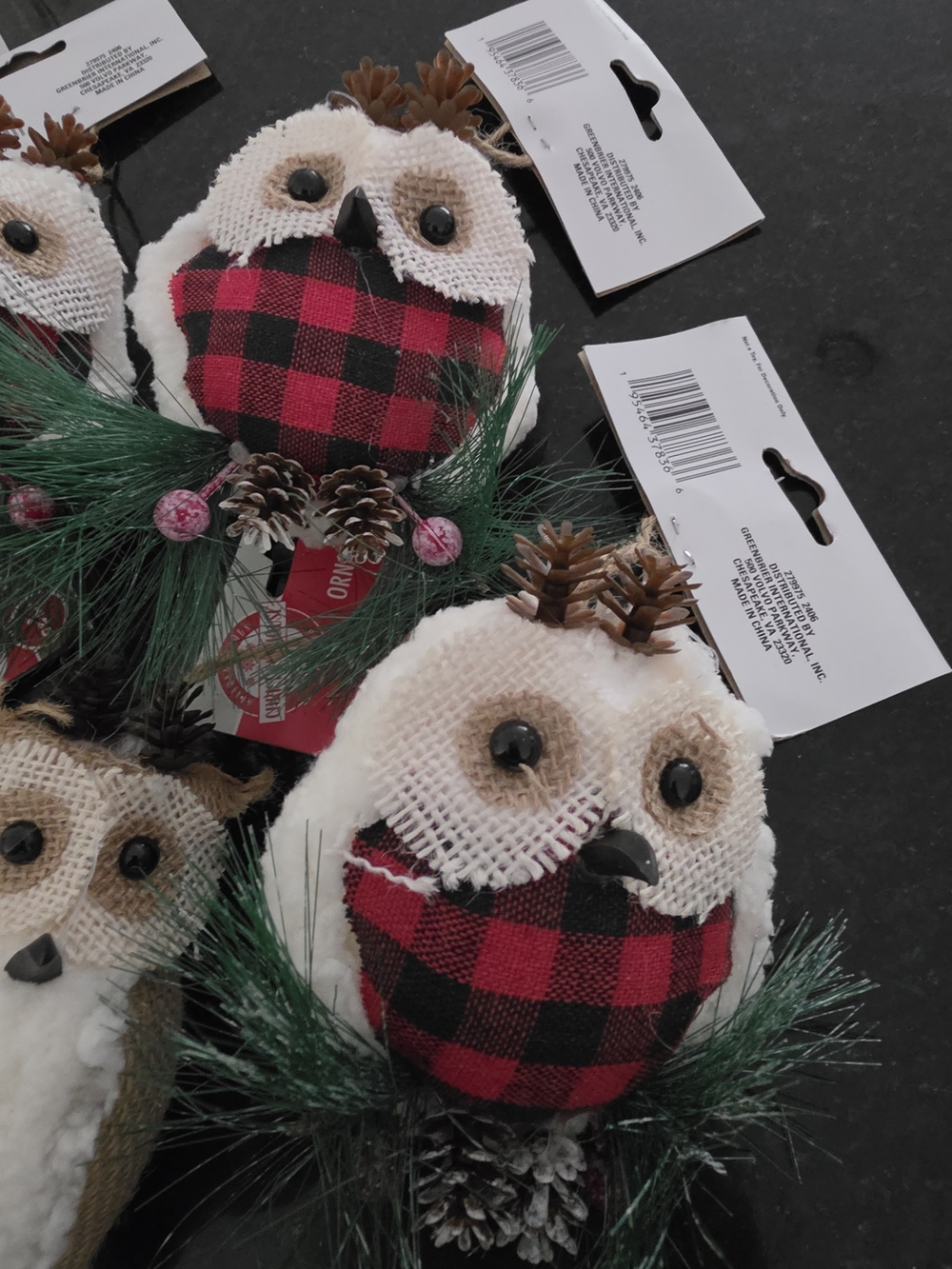 Holiday Decorative Owl Ornaments - White, Gold & Red Plaid - - Picture 2 of 6